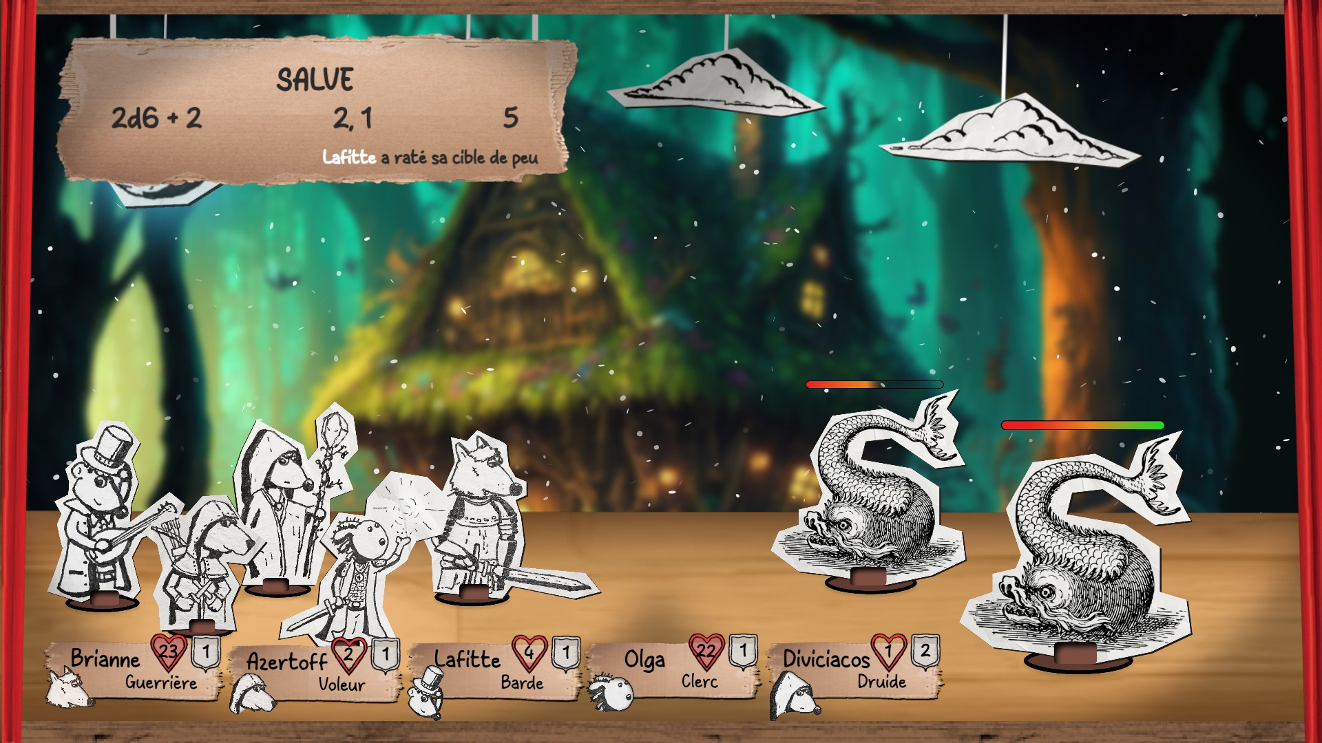 Une scène de live de jdr dans une ambiance de pièce de théatre. On voit les personnages en situation de combat, le résultat des jets de dés apparait sous la forme d'une pancarte qui descend du plafond, les ennemis ont une barre de vie dynamique