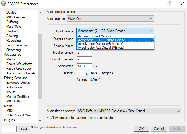 La section "Device" des paramètres son sur Reaper