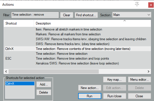 Mise en place du raccourcis pour l'axrion "Time Selection : Remove contents of a time selection