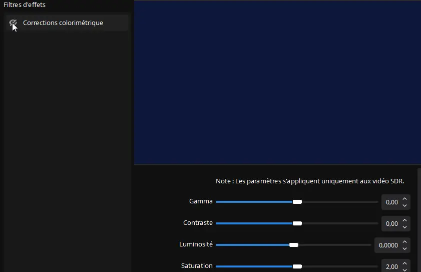 Activation et desactivation du filtre de corrections colorimétrique