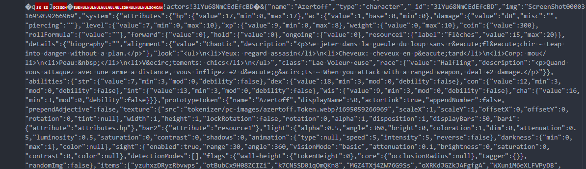 Un exemple tiré du log, un gros pavé de texte non formatté, avec diverses statistiques de personnage dedans (pv, armure, argent…)