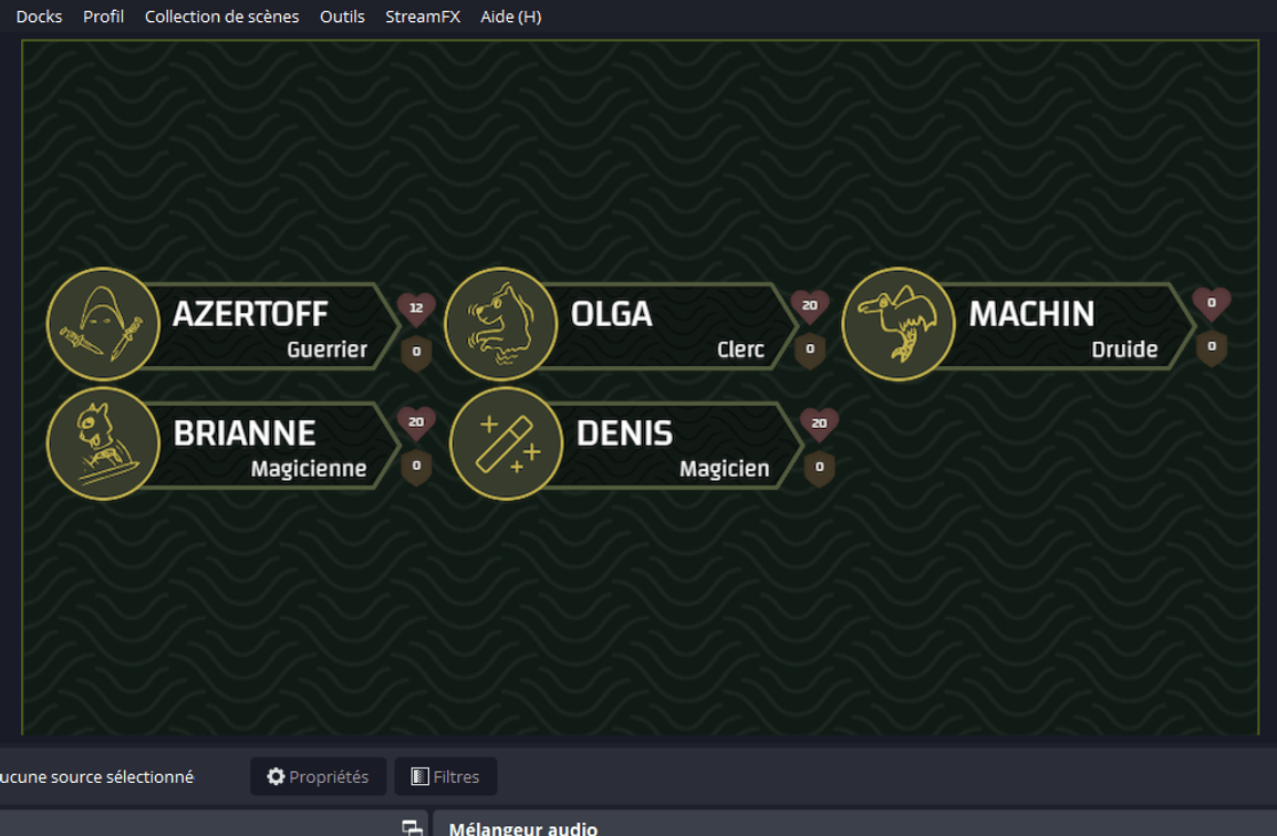 Les différentes cartouches des personnages