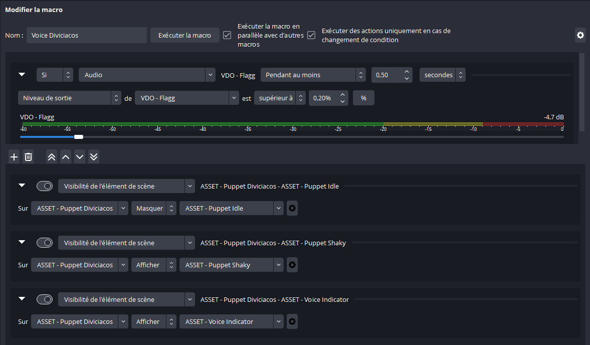 La macro utilisée par le plugin “Advanced Scene Switcher” pour animer la marionnette au son de la voix