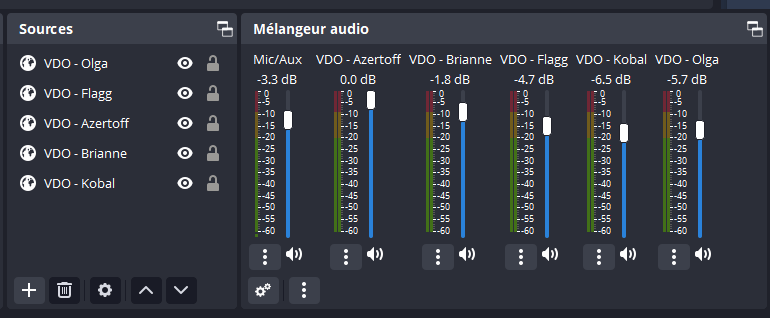 Sur OBS, les voix sont récupérées via une source “Navigateur Internet” et apparaissent ensuite dans le mélangeur audio