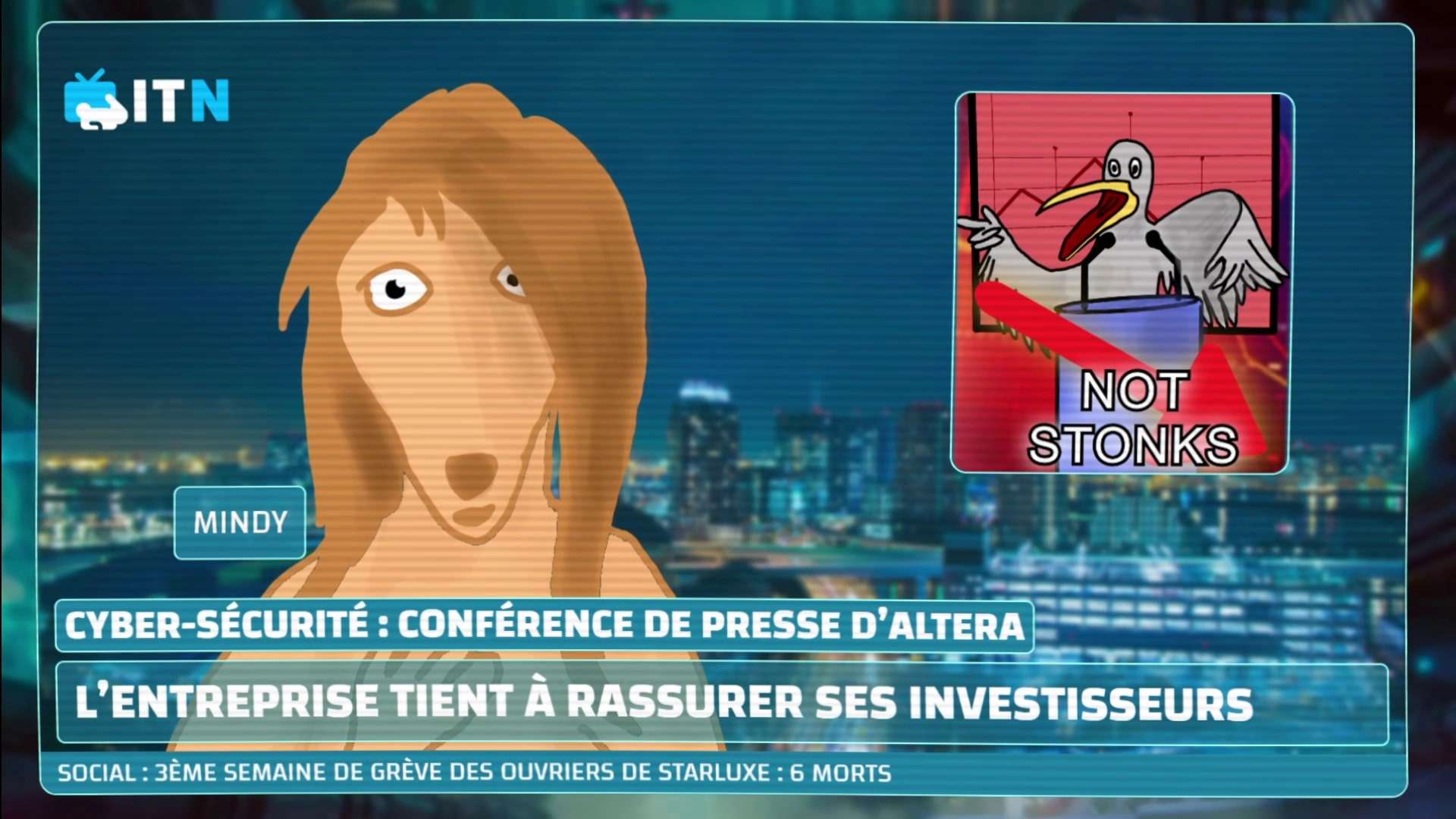 L’écran de télévision d’Inter Terrier News qui affiche les informations en cours
