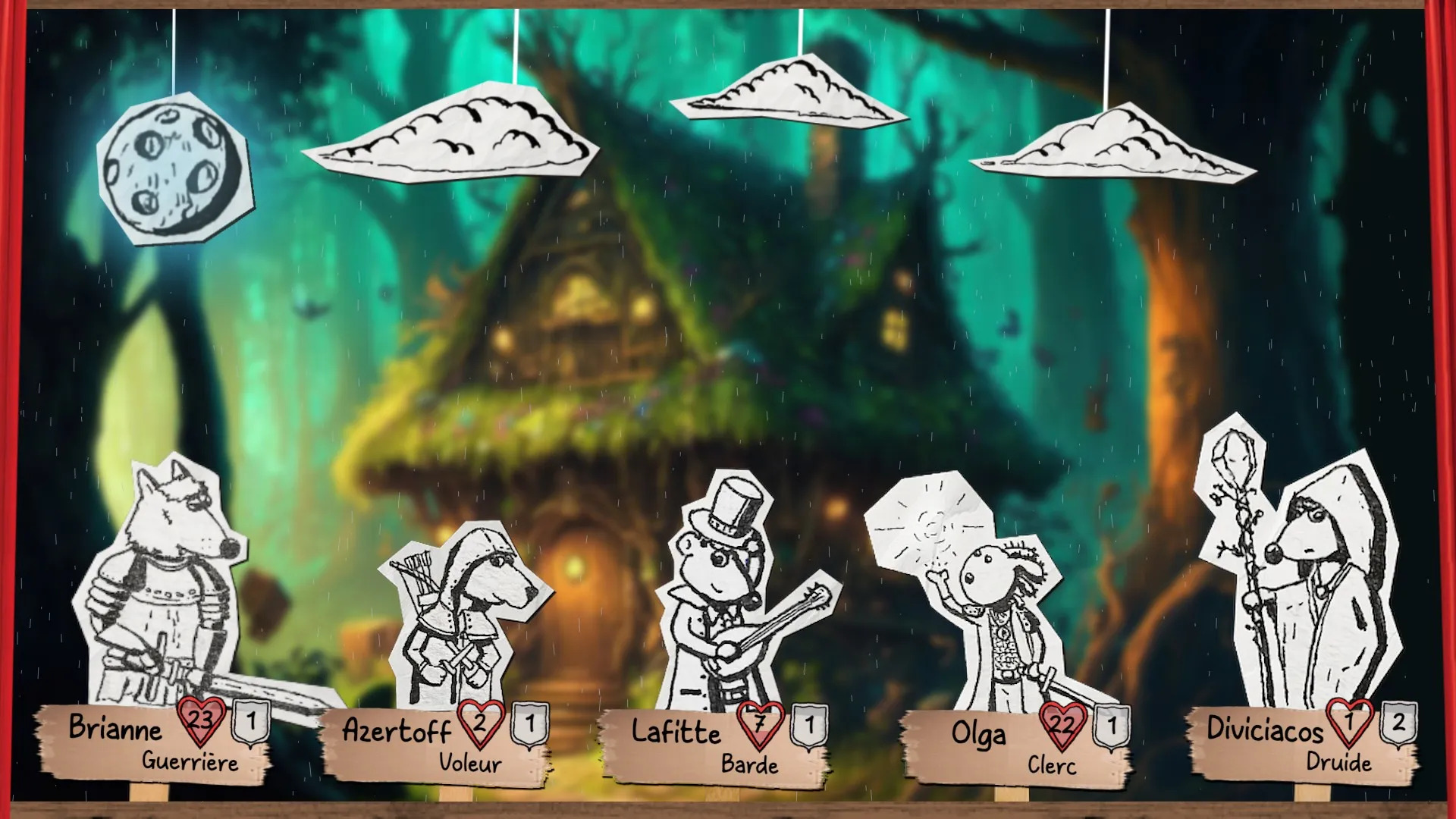 Capture d'écran d'OBS : Un overlay de jeu de rôle sous la forme d'un petit théatre de marionnettes, avec les personnages et leurs statistiques de jeu