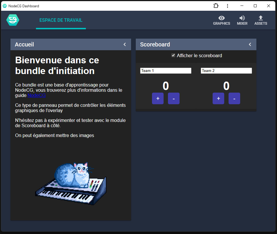 Capture d'écran de NodeCG : On voit les éléments du "dashboard"