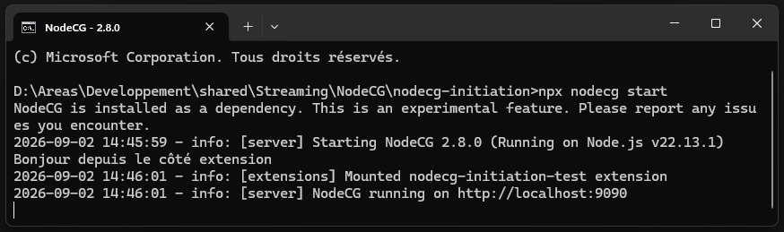Un terminal de commande, avec NodeCG lancé
